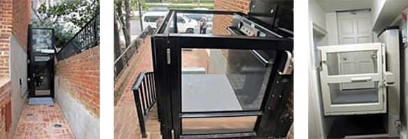 3 images side by side: left-View of stair lift from the street, center-Close up view of stair lift looking back to street, and right-View of stair lift from the interior of the museum