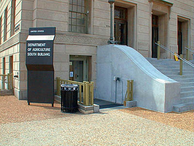 Exterior of the Dept of Agriculture South Building showing the multiple entraces