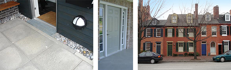 left-floor grate installed outside an entrance door, middle-front door of a home with no step leading inside, right-on-grade townhouses